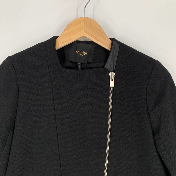 Maje Wool and Leather Moto Jacket Asymmetric Wool Blend Coat Stylized, Black, S - Picture 4 of 10